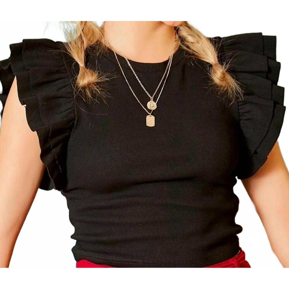 NEW DAY + MOON ruffle shoulder rib top in black